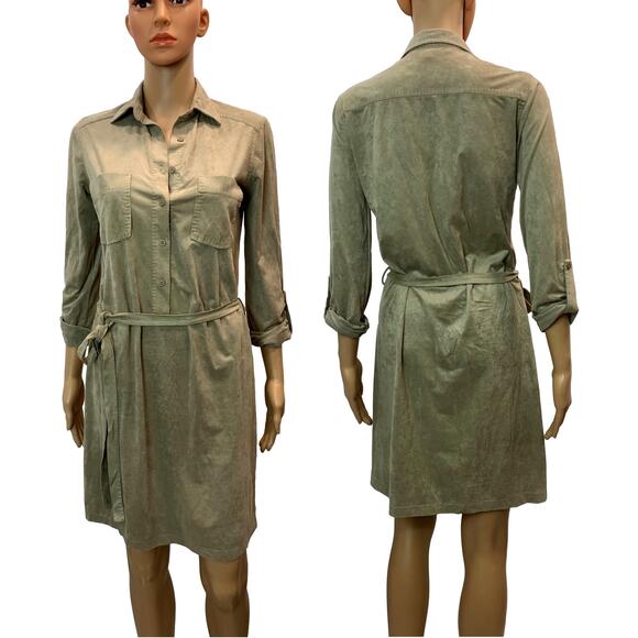 Max Studio Soft Ultra Suede Shirt Dress Tie Belt | Khaki Tan | XS - Picture 2 of 10